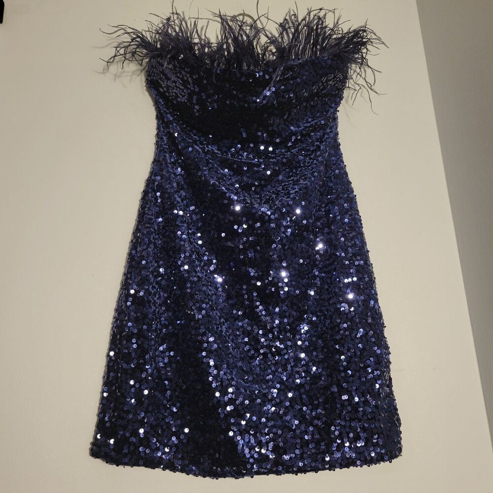 B. Darlin Dark Blue Sequin Strapless Feather Trim Party Mini Dress Size 11/12